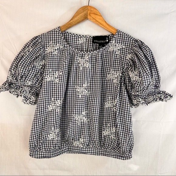 Broadway 38 Tops - Broadway 38 Gingham Floral Embroidered Eyelet Crop Blouse Ruffle Sleeve Womens S